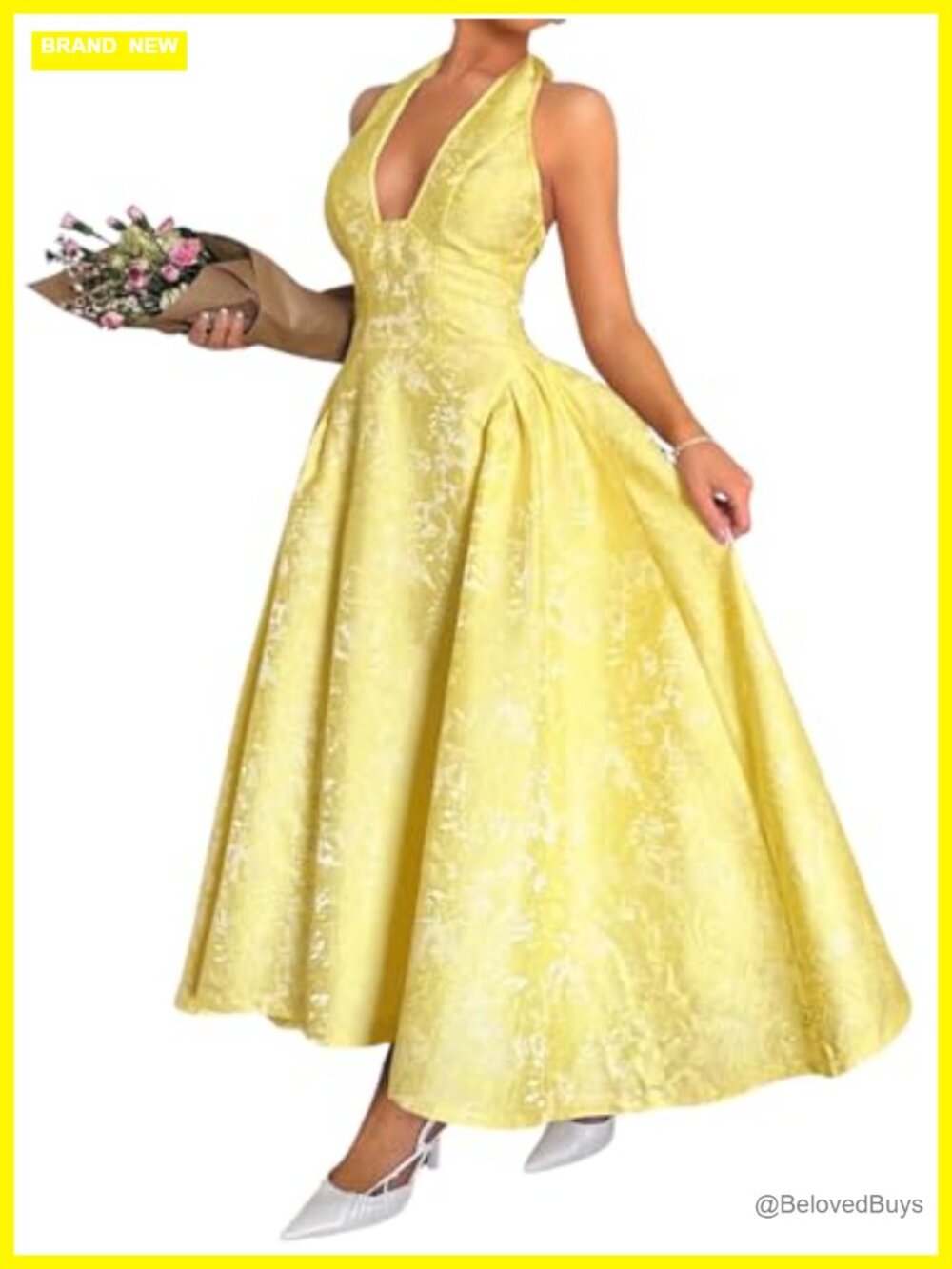 Jacquard Maxi Dress V Neck Halter Backless A Line Prom Wedding Guest